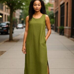 Comfy USA Linen Dress Womens XL ? Green Lagenlook Minimalist Sleeveless XL?